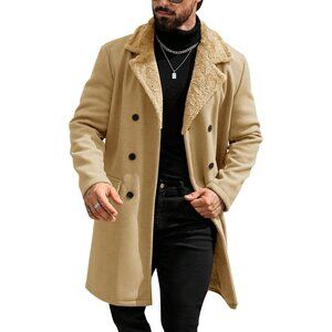 Men's Khaki Trench Coat Double Breasted Notched Collar Fleece Jacket Slim